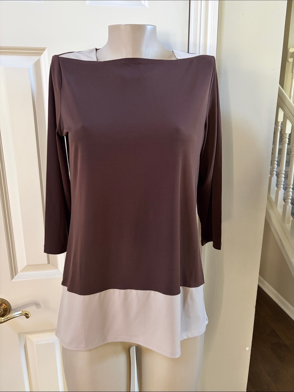 Susan Graver Two-Tone Boatneck Long Sleeve Top - Brown & Cream, small